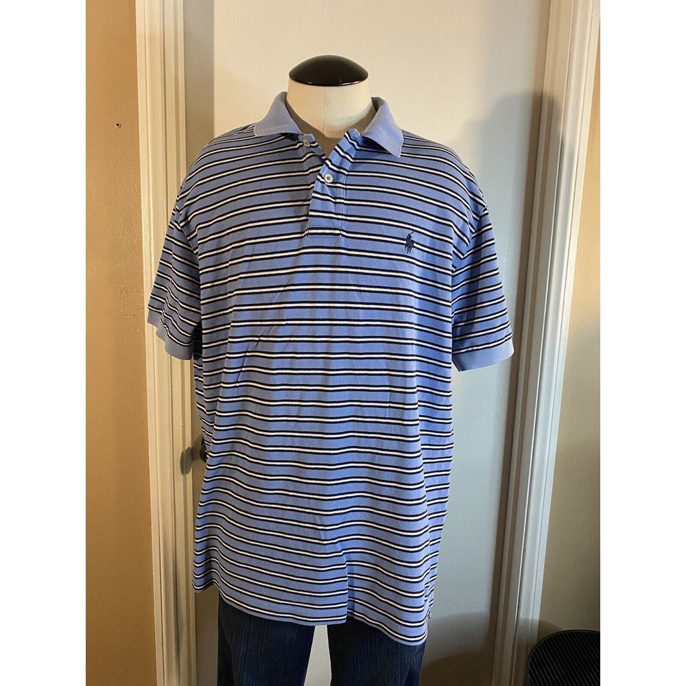 Polo Ralph Lauren Shirt Mens Large Blue White/Black Stripe Short Sleeve Rugby